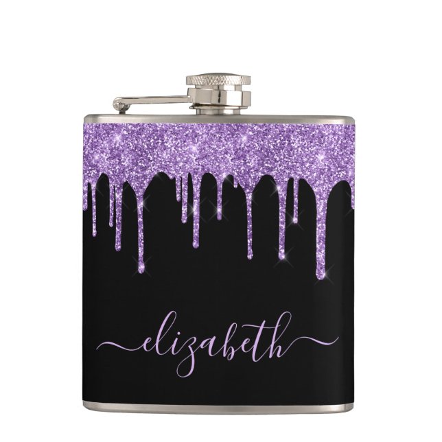 Purple Glitter Drips Personalised Black Flask (Front)