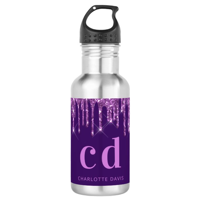 Purple glitter drips pink monogram name 532 ml water bottle (Front)
