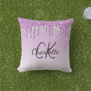 Purple glitter drips silver monogram name cushion