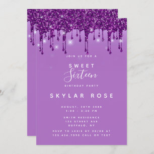 Purple Glitter Drips Sweet Sixteen Birthday Party Invitation