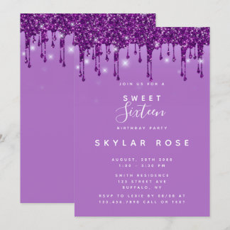 Purple Glitter Drips Sweet Sixteen Birthday Party Invitation