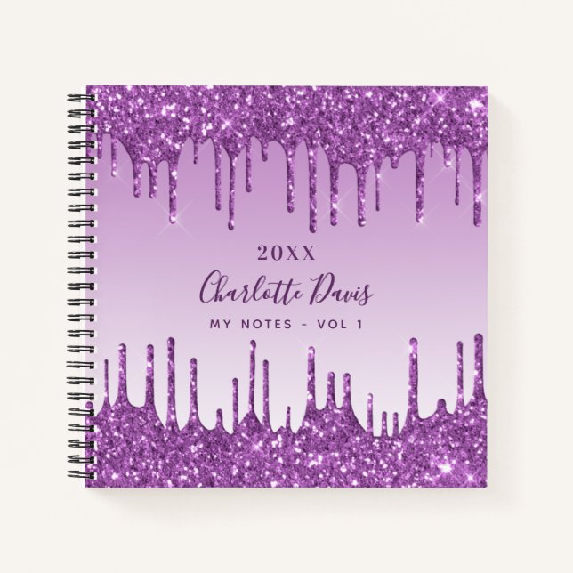 Purple glitter drips violet monogram glamourous notebook (Front)