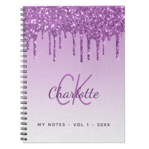 Purple glitter drips violet monogram luxury notebook