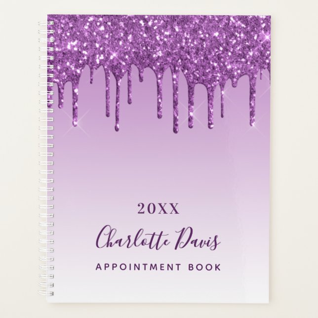 Purple glitter drips violet monogram name planner (Front)