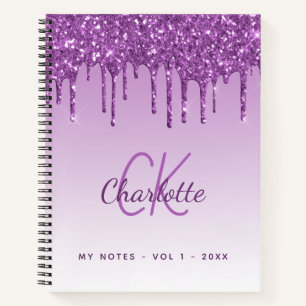Purple glitter drips violet monogram notebook
