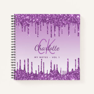 Purple glitter drips violet monogram notebook