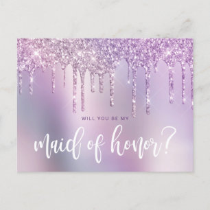 Purple glitter drips will you be my maid of honour invitation postcard