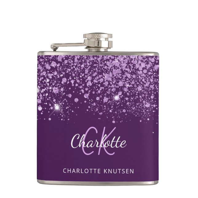 Purple glitter dust monogram name script  hip flask (Front)
