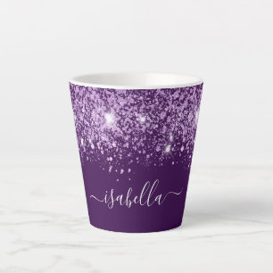 Purple glitter dust name monogram script latte mug