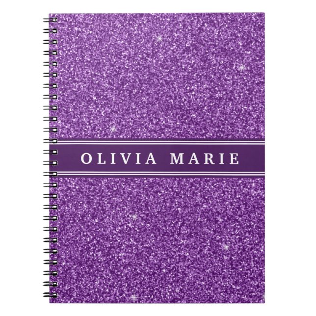 Purple Glitter (faux) Personalised Name Spiral Notebook (Front)