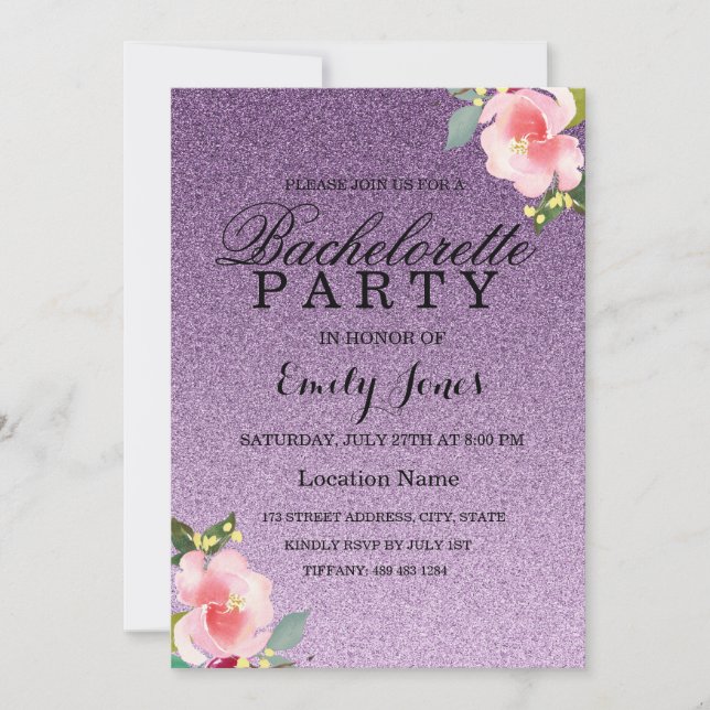 Purple Glitter Floral Bachelorette Invitation (Front)