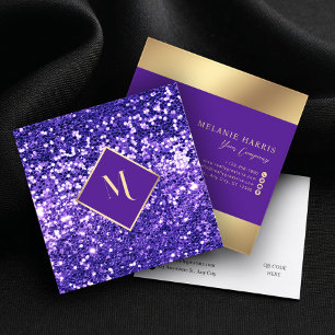 Purple Glitter Geometric Gold Frame Stylish Square Business Card