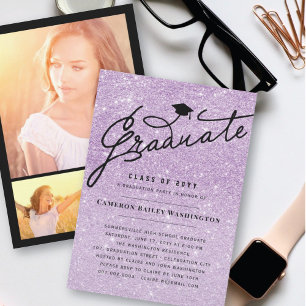 Purple Glitter Glam Graduate Graduation Cap Party Invitation