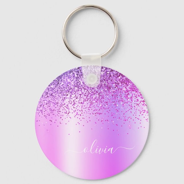 Purple Glitter Glam Metal Monogram Name Key Ring (Front)
