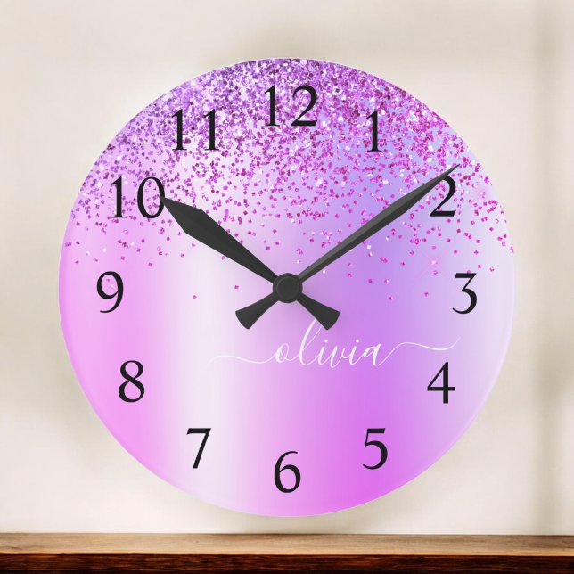 Purple Glitter Glam Metal Monogram Name Round Clock (Creator Uploaded)
