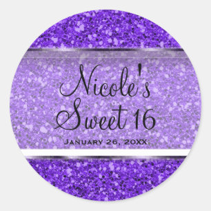 Purple Glitter Glam Sweet 16 Custom Party Favour Classic Round Sticker