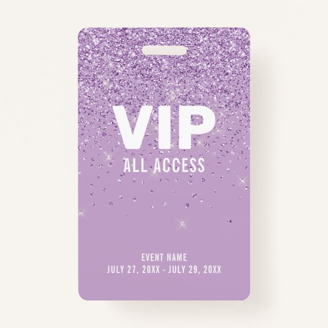 Purple Glitter Glam VIP All Access Pass Event ID ID Badge (Front)