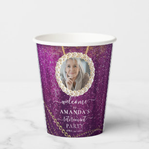 Purple Glitter Gold Custom Photo Retirement Party Paper Cups