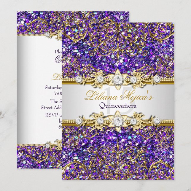 Purple Glitter & Gold Damask Quinceanera Invite (Front/Back)