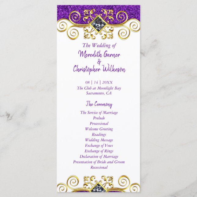 Purple Glitter Gold Gemstone Wedding Program Programme (Front)