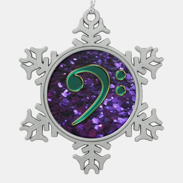 Purple Glitter Green Bass Clef Christmas Snowflake Snowflake Pewter Christmas Ornament (Front)