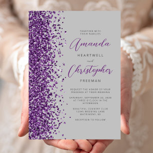 Purple Glitter Grey Modern Script Wedding Invitation