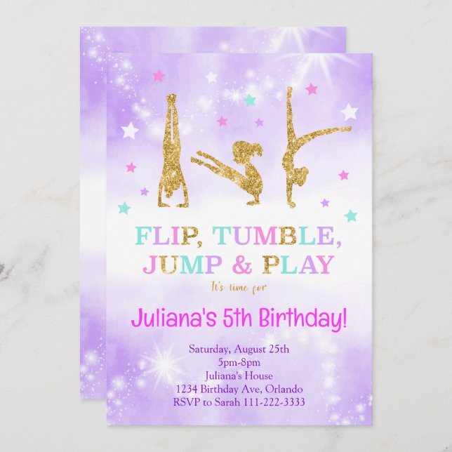 Purple Glitter Gymnastic Birthday Invitation (Front/Back)