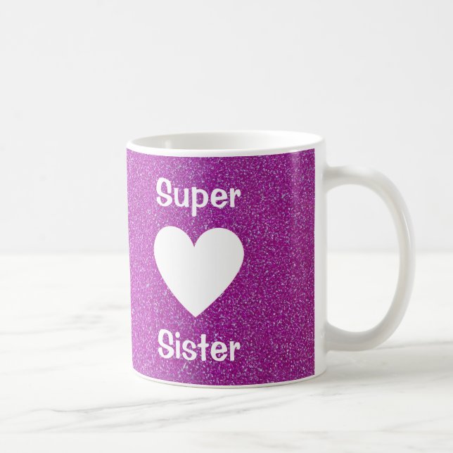 Purple Glitter Heart Super Sister Mug (Any Name) (Right)