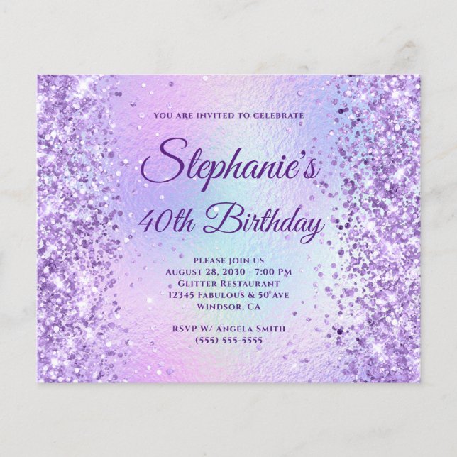 Purple Glitter Iridescent Rainbow 40th Birthday Flyer (Front)