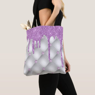 Purple Glitter Jewels Silver Metallic Tote Bag