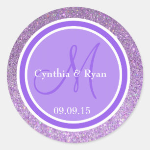 Purple Glitter & Lavender Indigo Wedding Monogram Classic Round Sticker