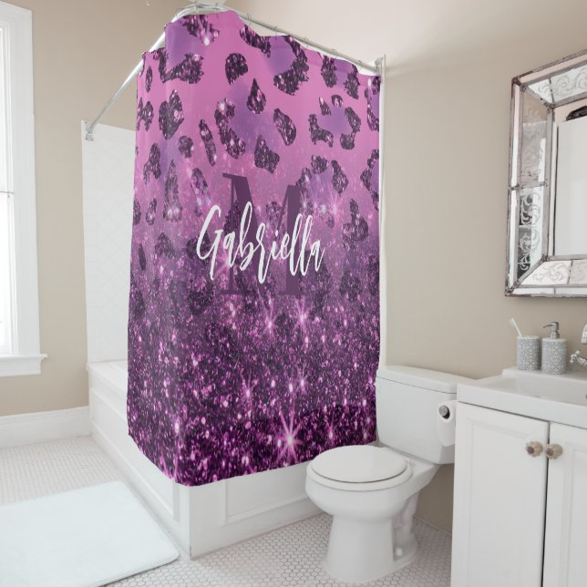 Purple Glitter Leopard Print Shower Curtain (In Situ)