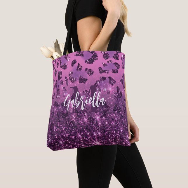 Purple Glitter Leopard Print Tote Bag (Close Up)
