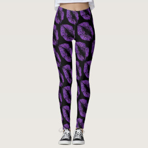 Purple Glitter Lips Modern Black Leggings