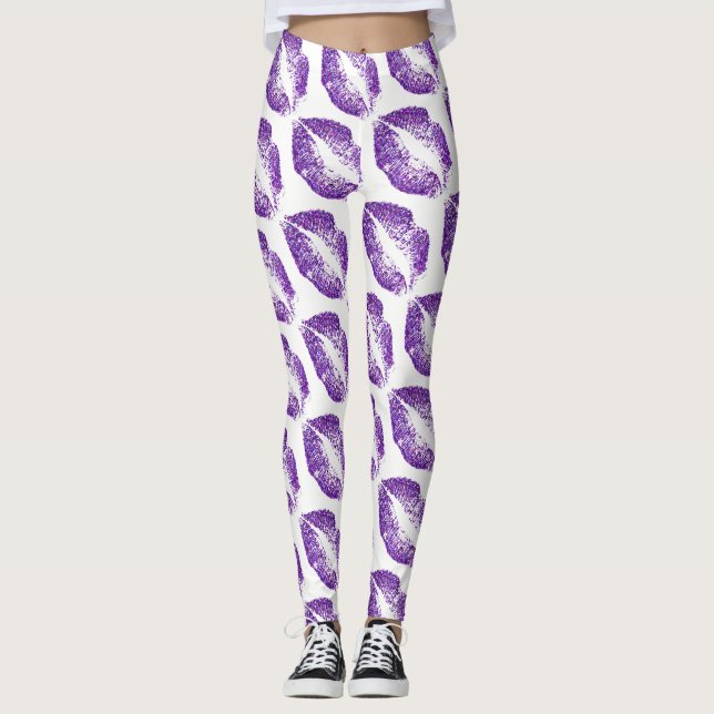 Purple Glitter Lips Modern White Leggings (Front)