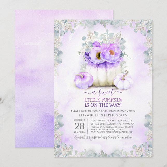 Purple Glitter Little Floral Pumpkin Baby Shower Invitation (Front/Back)