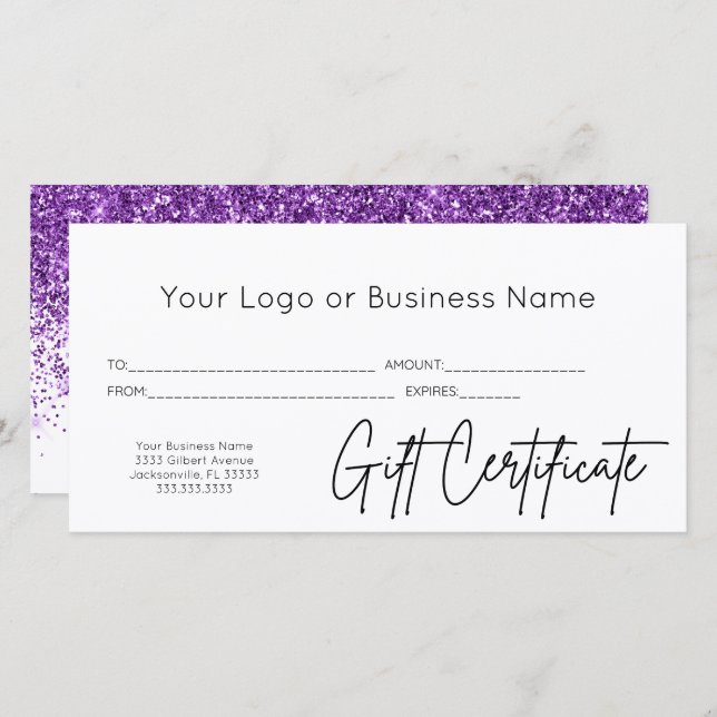 Purple Glitter Logo Business Gift Certificate (Front/Back)