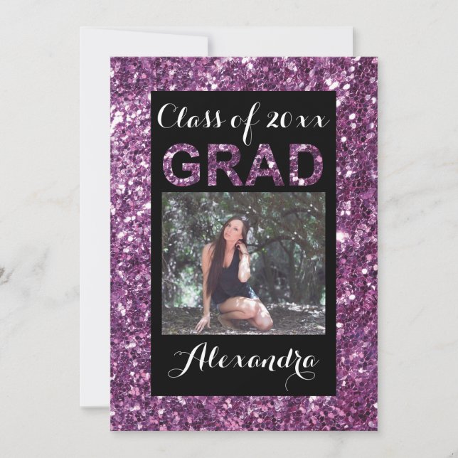 Purple Glitter-Look 1 Photo Graduation Invitation (Front)