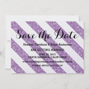 Purple Glitter Look Stripes Save the Date Invite