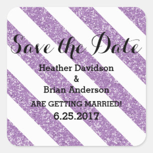 Purple Glitter Look Stripes Save the Date Stickers