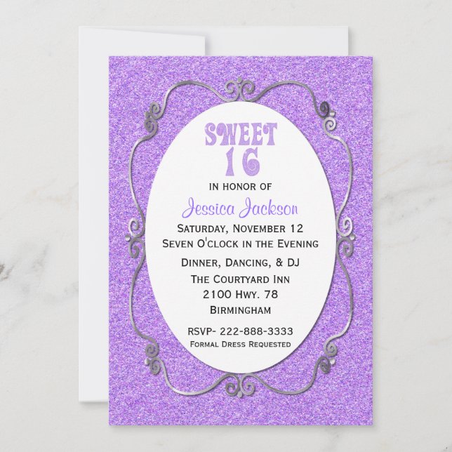 Purple Glitter Look Sweet 16 Birthday Invitation (Front)