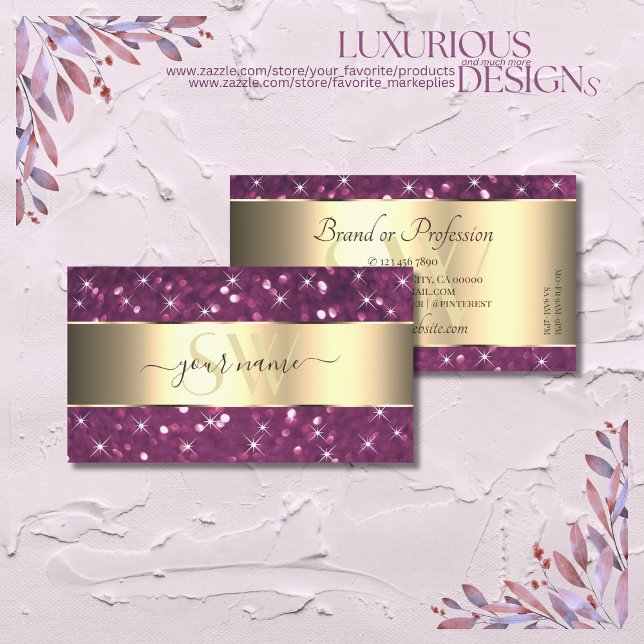 Purple Glitter Luminous Stars Gold Border Initials Business Card (Creator Uploaded)