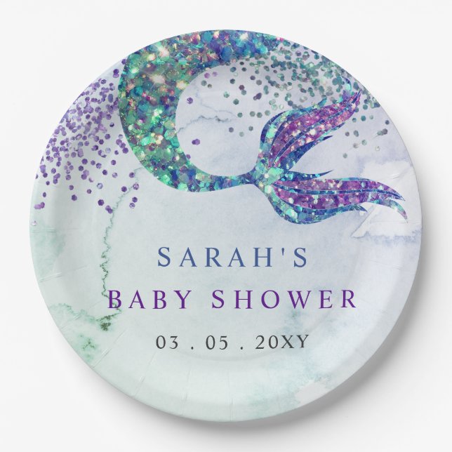 Purple Glitter Mermaid Baby Shower  Paper Plate (Front)