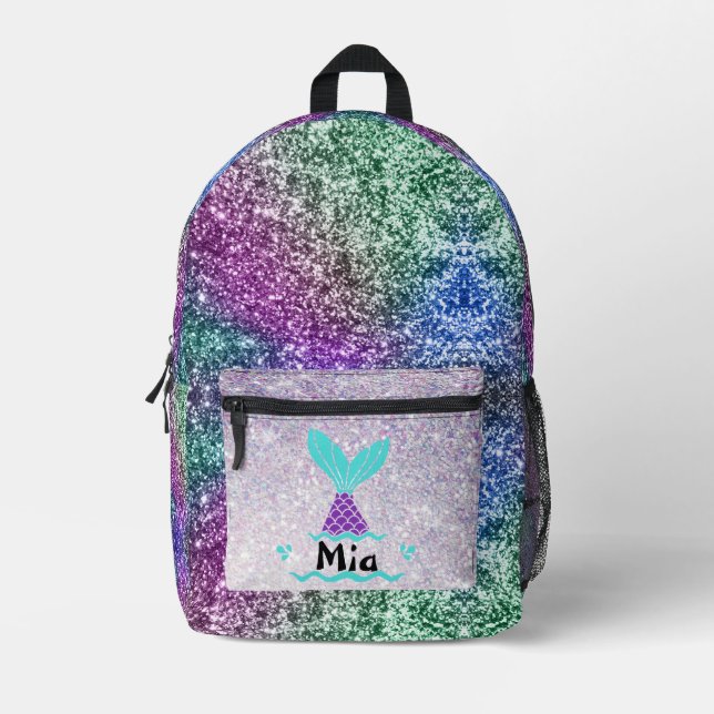 Purple Glitter Mermaid Name Printed Backpack (Front)