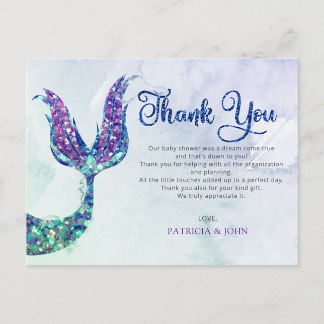 Purple Glitter Mermaid Tail Baby Shower Thank You  Postcard (Front)