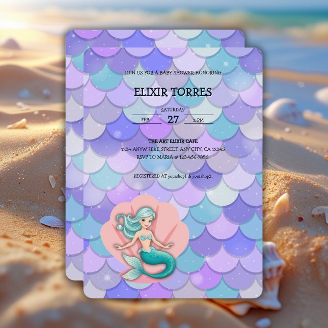 Purple Glitter Mermaid Under the Sea Baby Shower Invitation (Creator Uploaded)