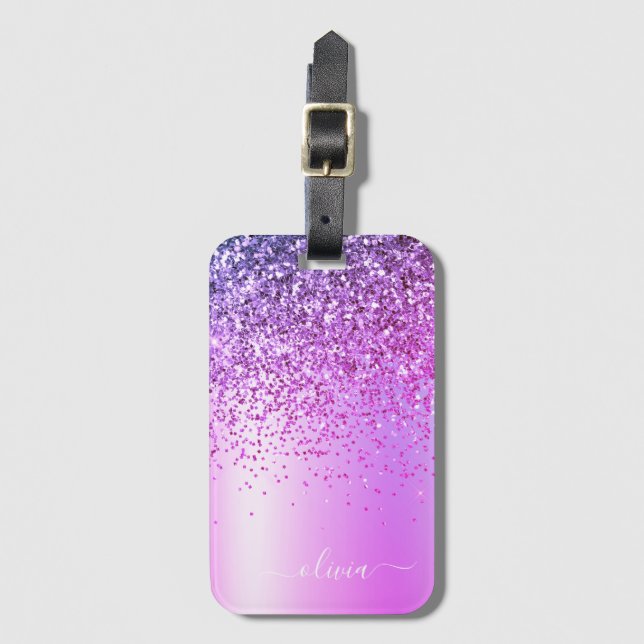 Purple Glitter Metal Monogram Name Luggage Tag (Front Vertical)
