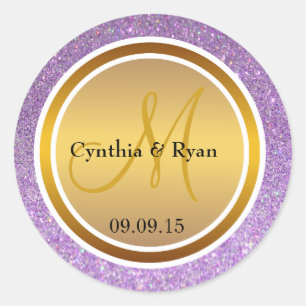 Purple Glitter & Metallic Gold Wedding Monogram Classic Round Sticker