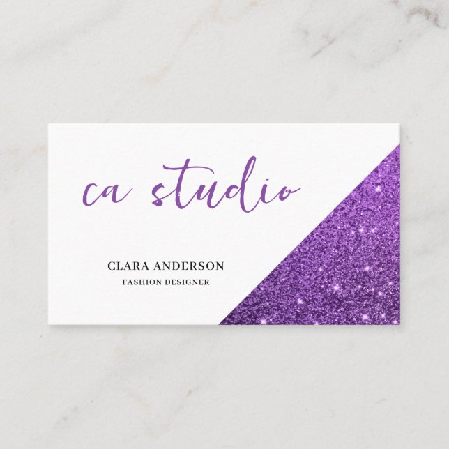 Purple Glitter Monogram Business Card (Front)