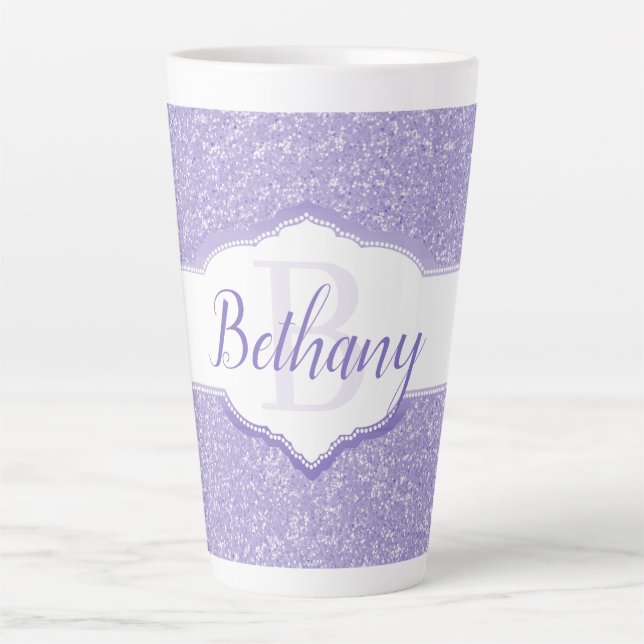 Purple Glitter Monogram Latte Mug (Front)
